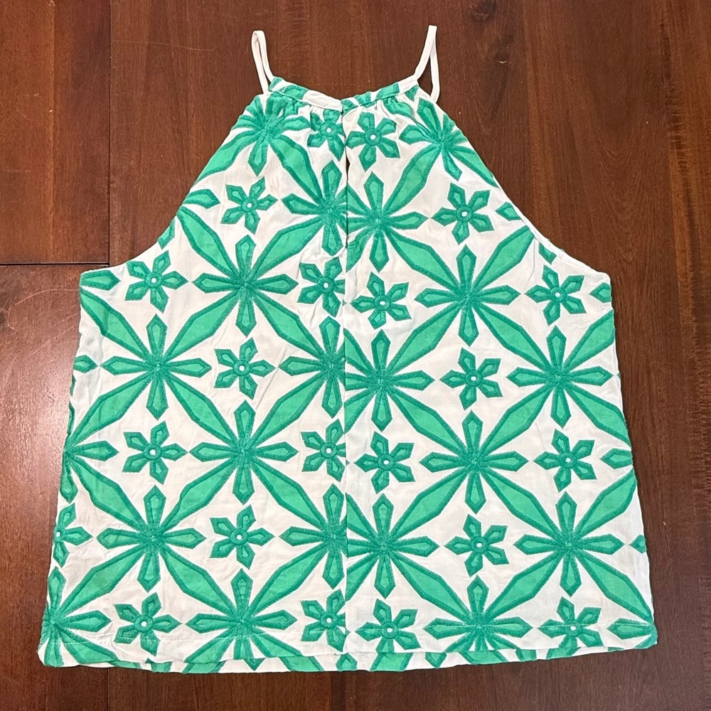 Skies Are Blue Womens Top Size M Green White Embroidered Halter Geometric Floral